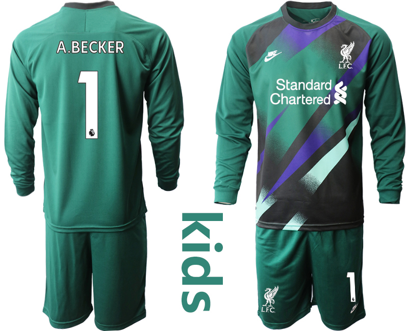 Youth 2020-2021 club Liverpool green long sleeved Goalkeeper #1 Soccer Jerseys